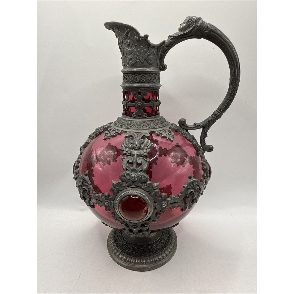 Antique (1885-1890) Cranberry Glass &‎ Pewter Decanter W/2 Glasses Cherub
